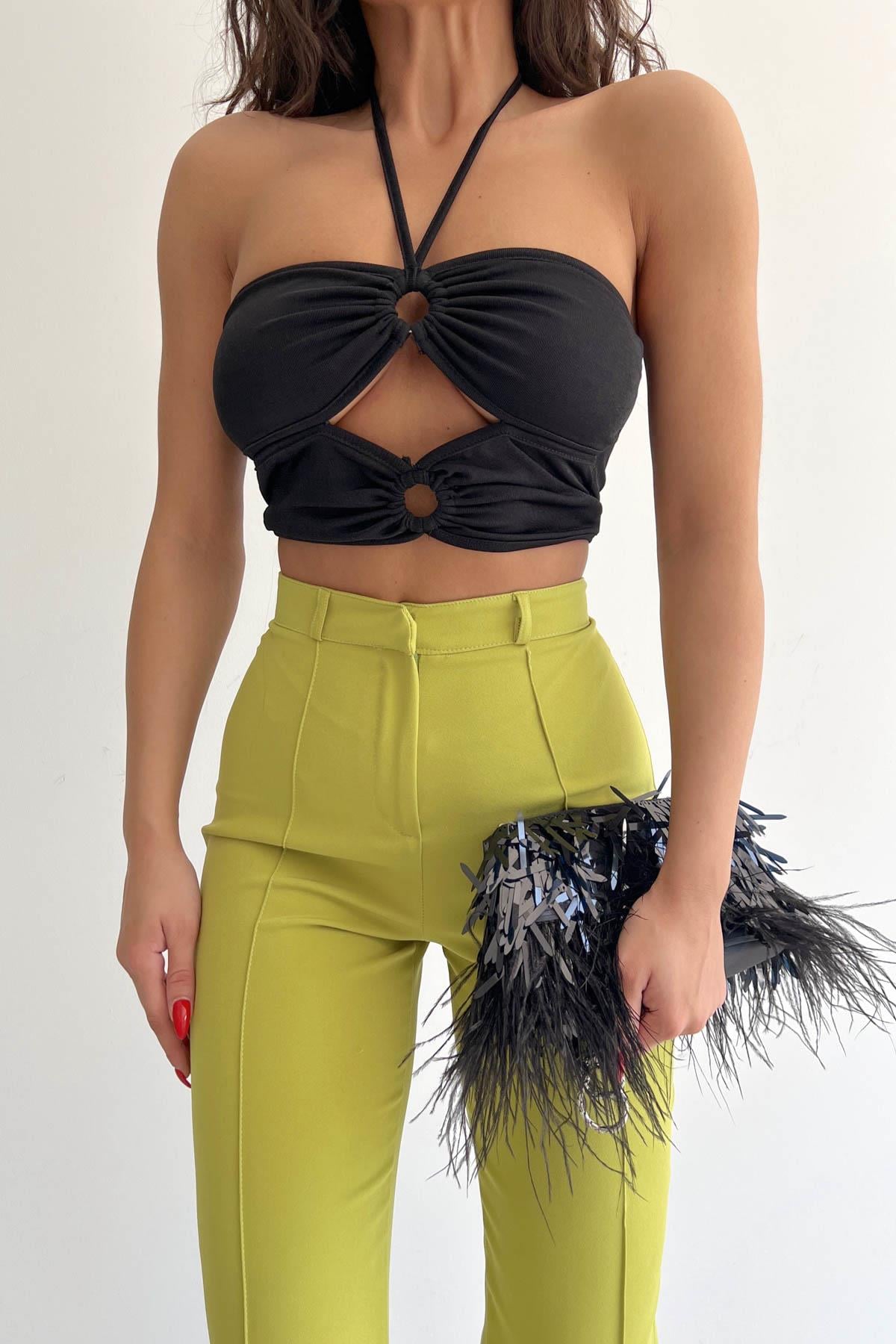 * Halka tokalı cut out top bluz - Siyah