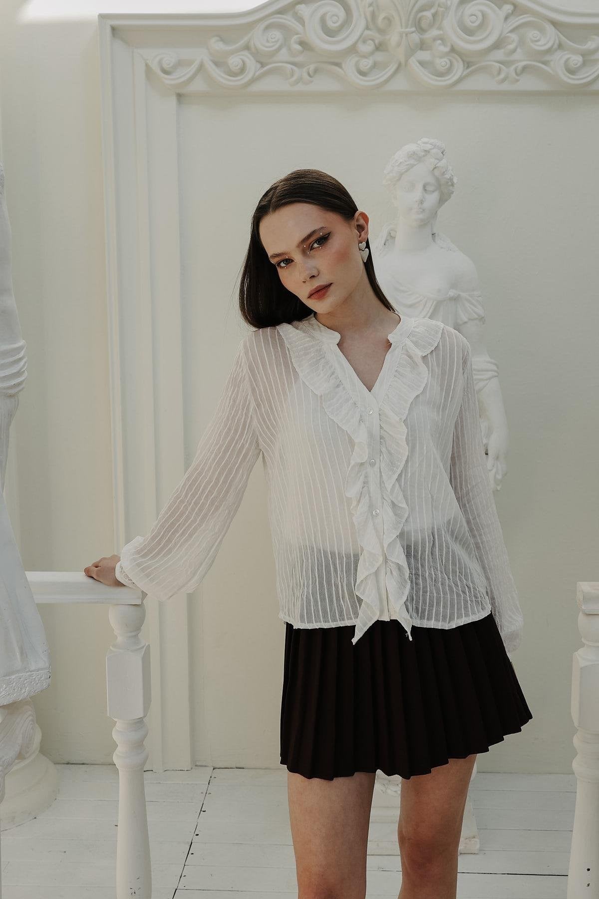 Fırfır Transparan Gömlek - Beyaz