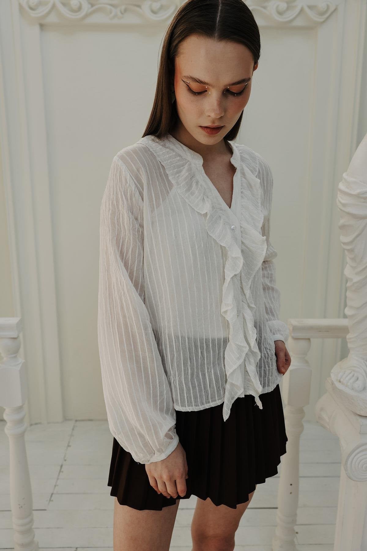 Fırfır Transparan Gömlek - Beyaz