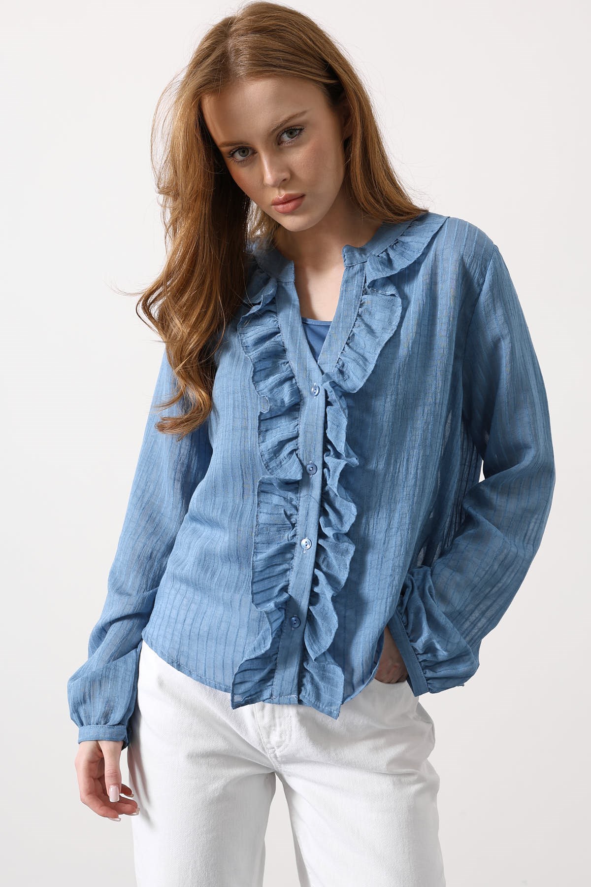 Fırfır Transparan Gömlek - Mavi