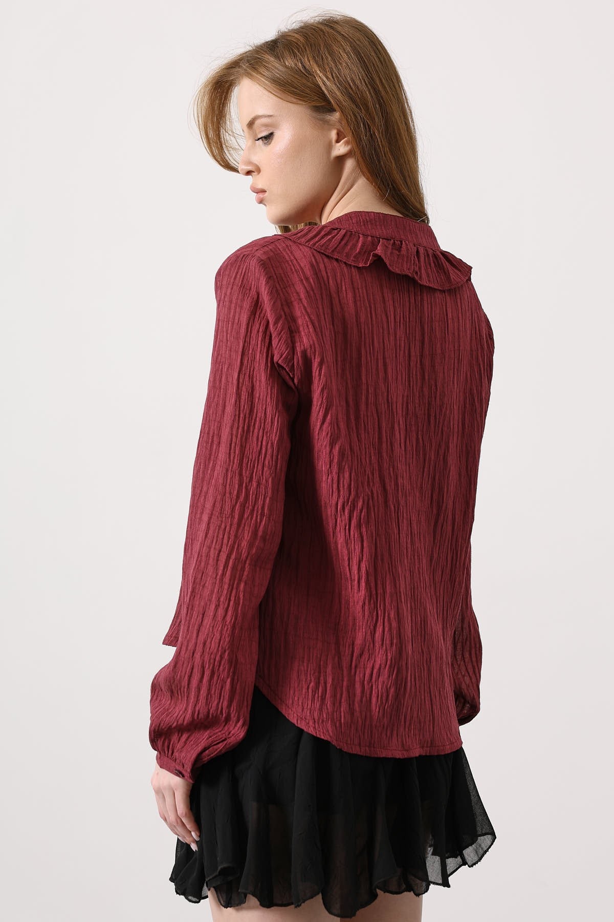 Fırfır Transparan Gömlek - Vişne