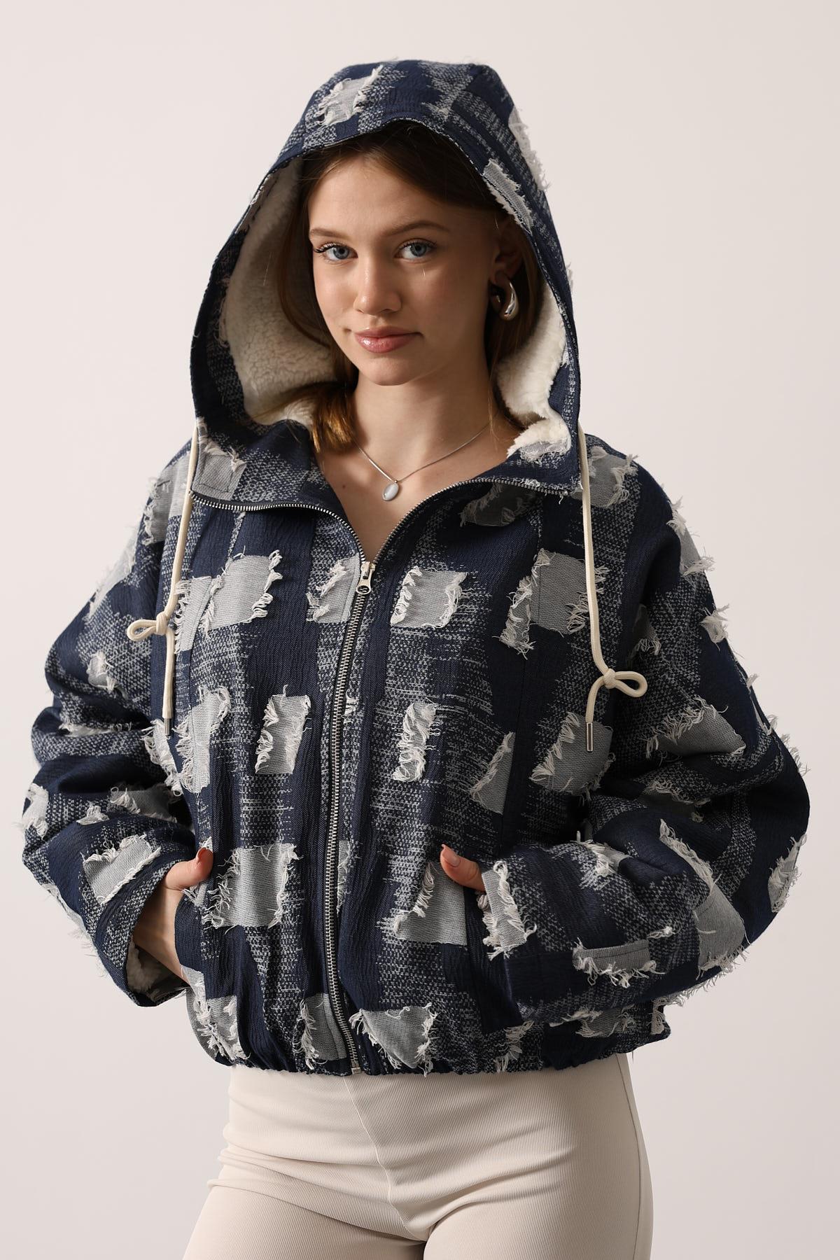 SACAKLI DENİM KAPÜŞONLU BAMBER CEKET - Lacivert