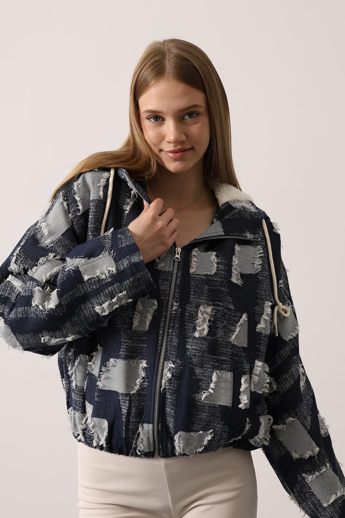 SACAKLI DENİM KAPÜŞONLU BAMBER CEKET - Lacivert