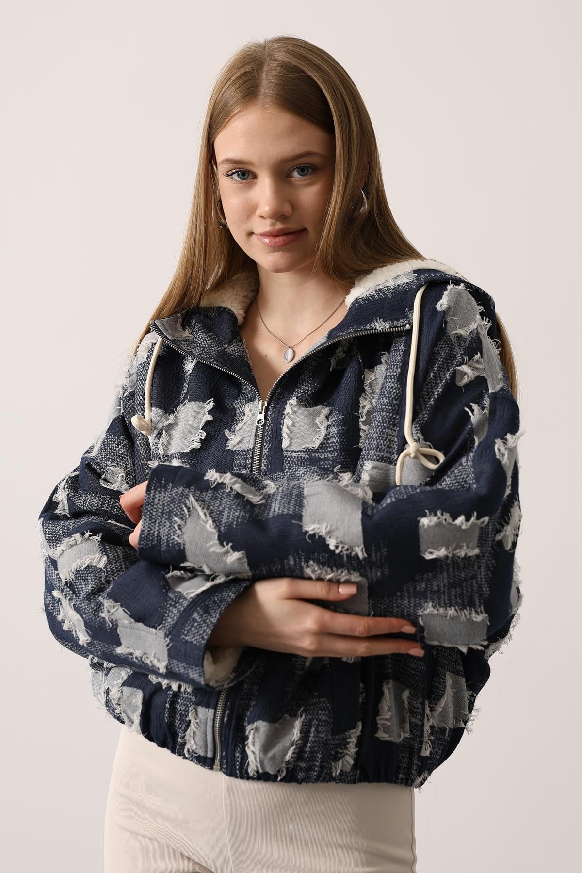 SACAKLI DENİM KAPÜŞONLU BAMBER CEKET - Lacivert