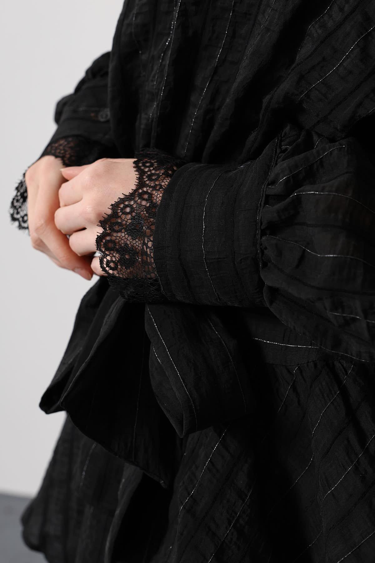 SİMLİ CİZGİLİ DANTELLİ MİNİ ELBİSE - Siyah