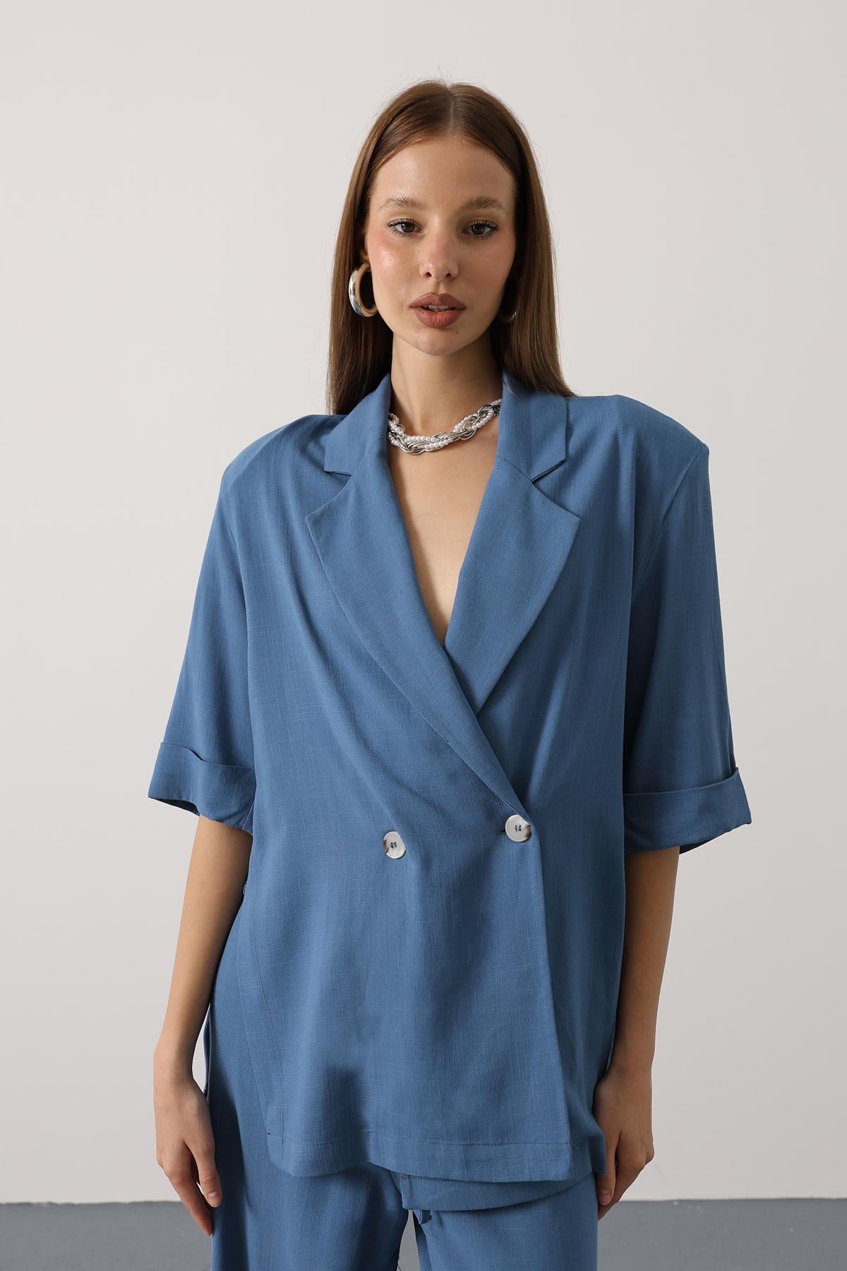 Yarım Kol Oversize Yırtmaçlı Ceket - İndigo