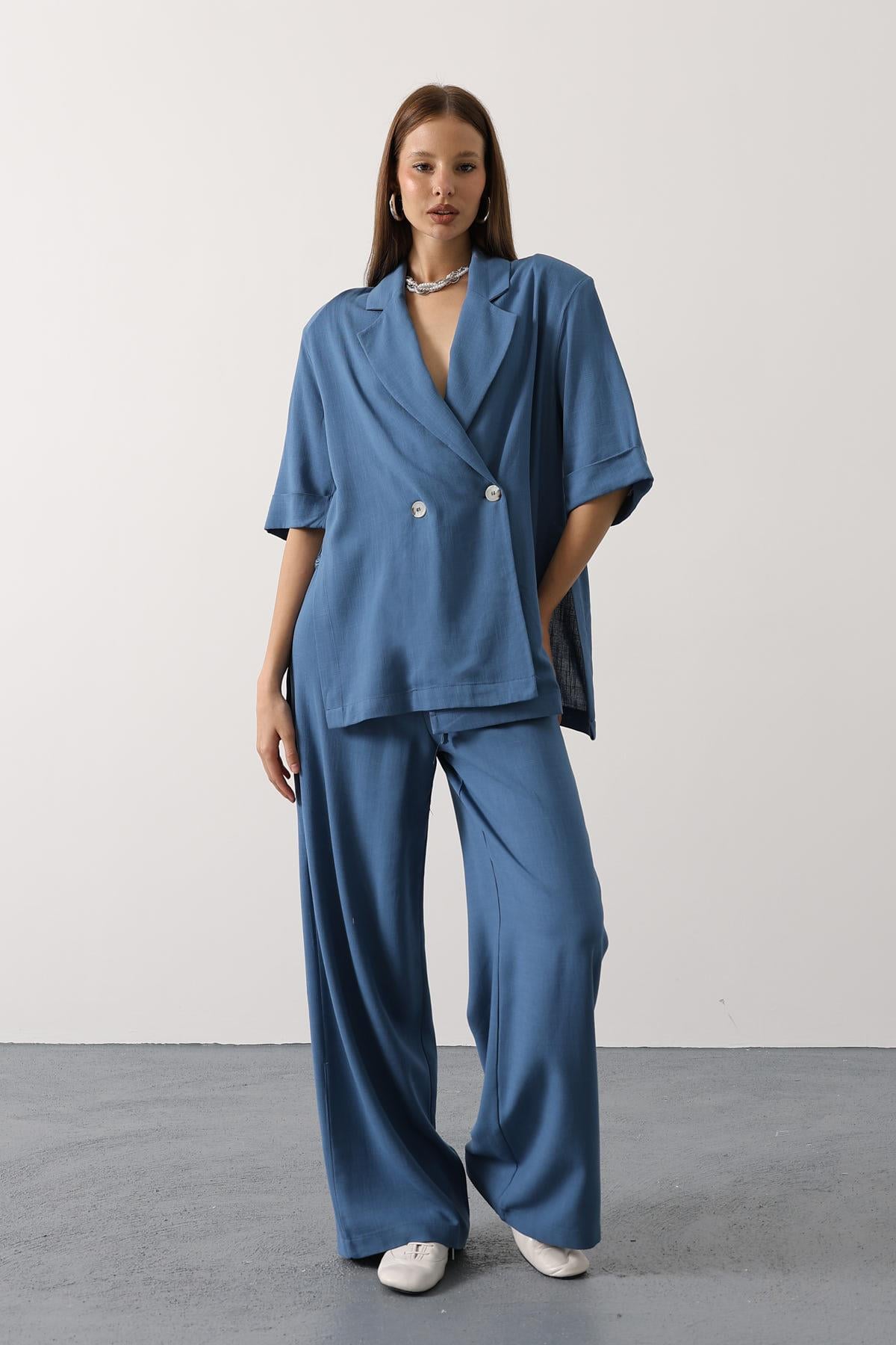 Yarım Kol Oversize Yırtmaçlı Ceket - İndigo