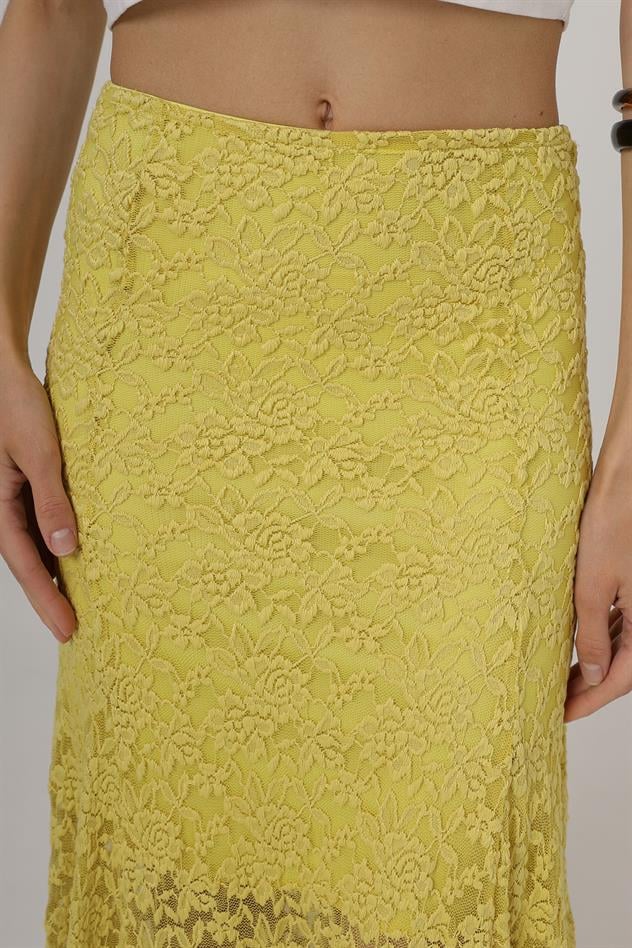 Bel Lastikli Dantel Etek - Sarı