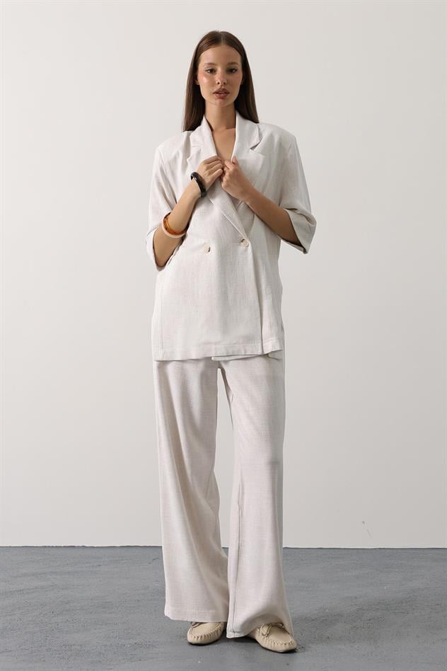 Beli Dantel Detaylı Keten Pantolon - Natür