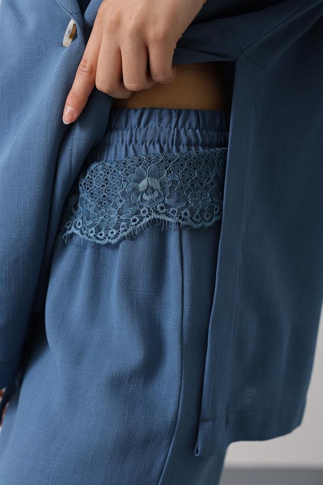 Beli Dantel Detaylı Keten Pantolon - İndigo