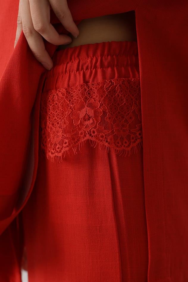 Beli Dantel Detaylı Keten Pantolon - Kırmızı