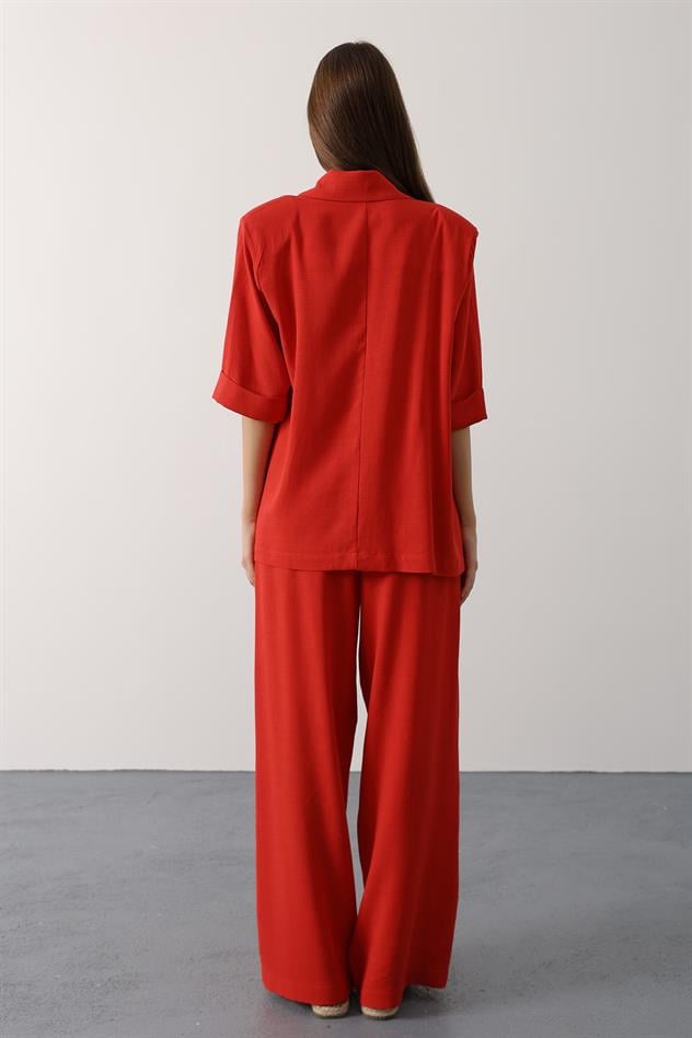 Beli Dantel Detaylı Keten Pantolon - Kırmızı