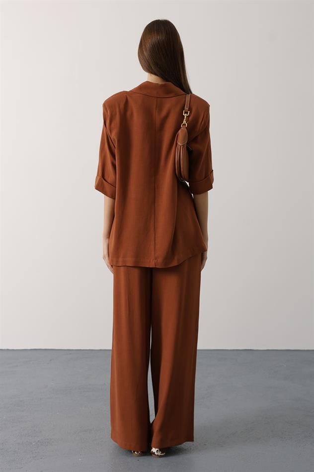 Beli Dantel Detaylı Keten Pantolon - Kahve