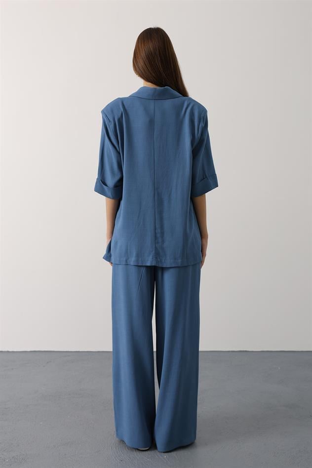 Beli Dantel Detaylı Keten Pantolon - İndigo