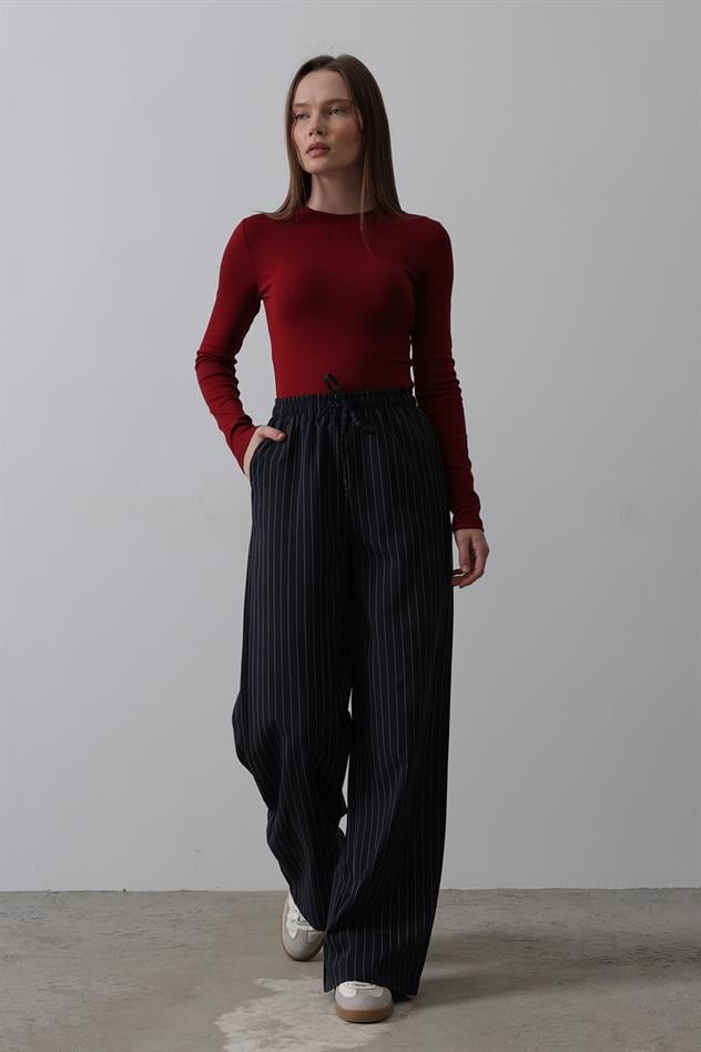 Beli Lastikli Bol Paça Pantolon - Lacivert-Beyaz