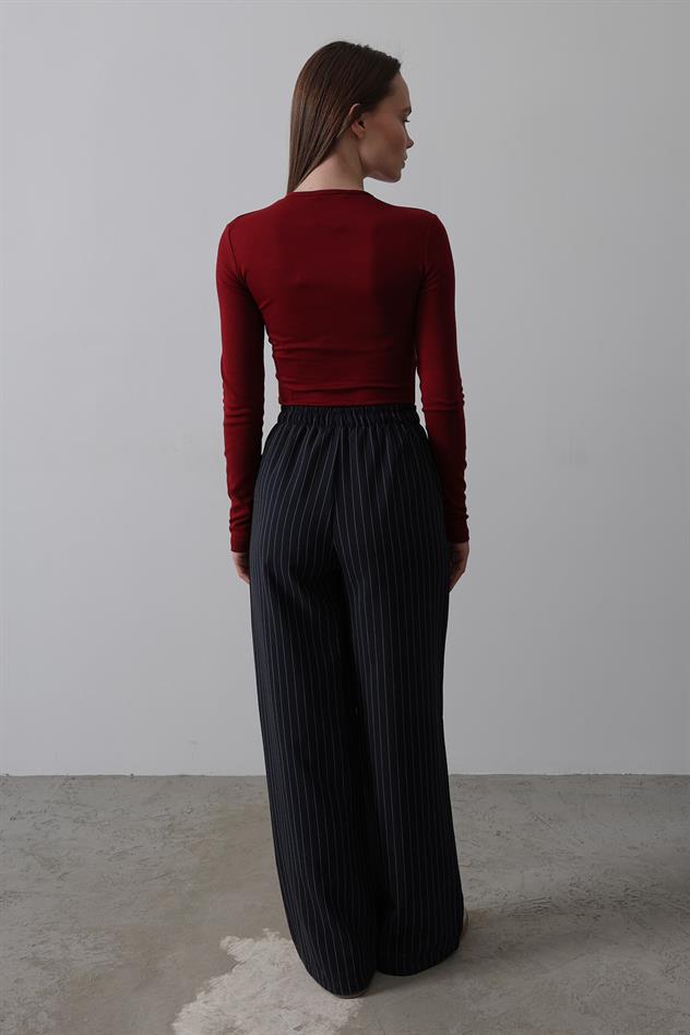 Beli Lastikli Bol Paça Pantolon - Lacivert-Beyaz