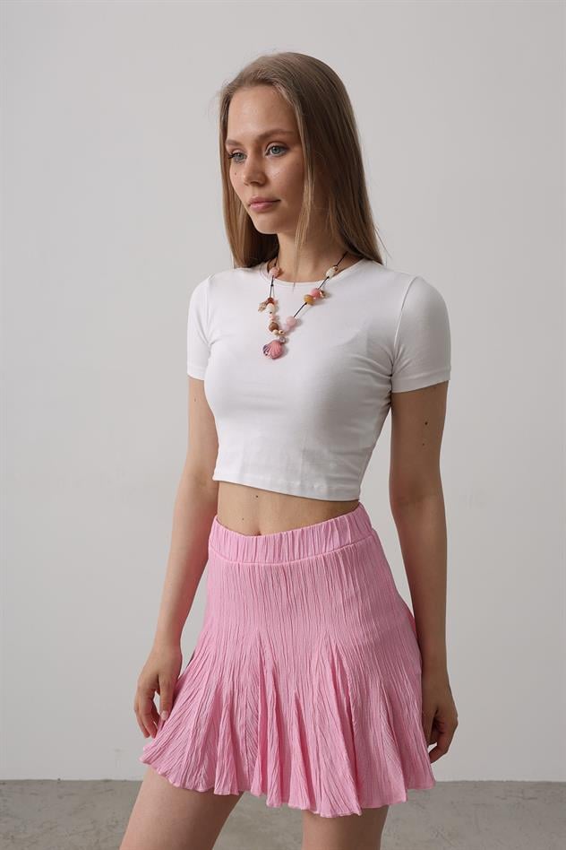 Beli Lastikli Mini Etek - Pembe