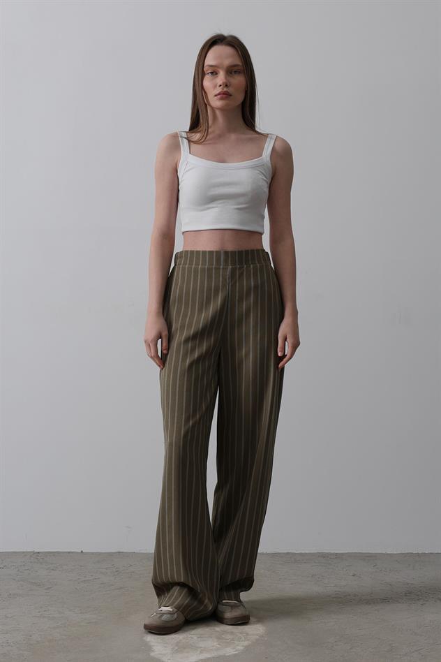 Beli Yarım Lastikli Palazzo Pantolon - Haki-Beyaz