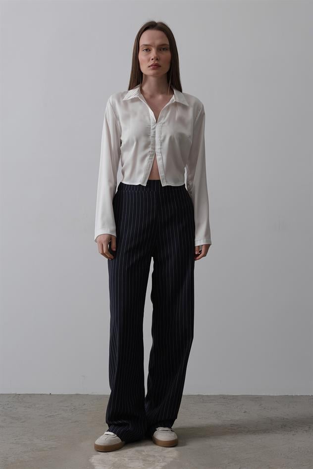 Beli Yarım Lastikli Palazzo Pantolon - Lacivert-Beyaz