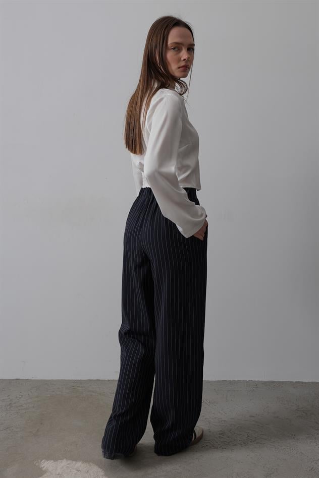 Beli Yarım Lastikli Palazzo Pantolon - Lacivert-Beyaz