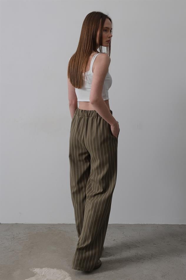 Beli Yarım Lastikli Palazzo Pantolon - Haki-Beyaz