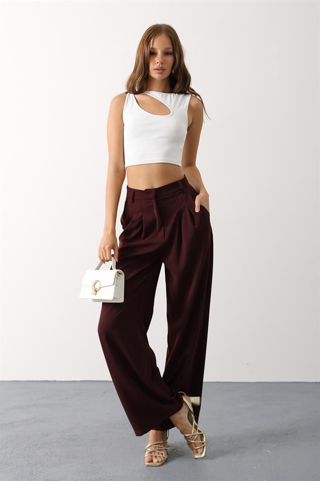 Çift pileli palazzo pantolon - Bordo