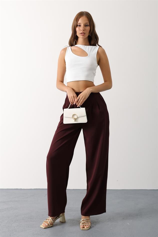 Çift pileli palazzo pantolon - Bordo