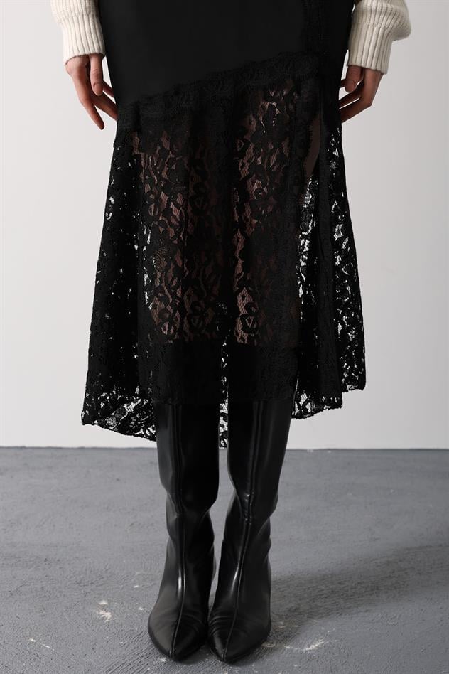 DANTELLİ SATEN ETEK - Siyah