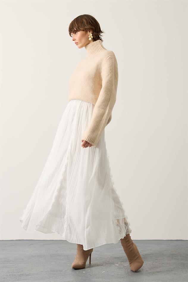 DANTELLİ ŞİFON ETEK - Ekru