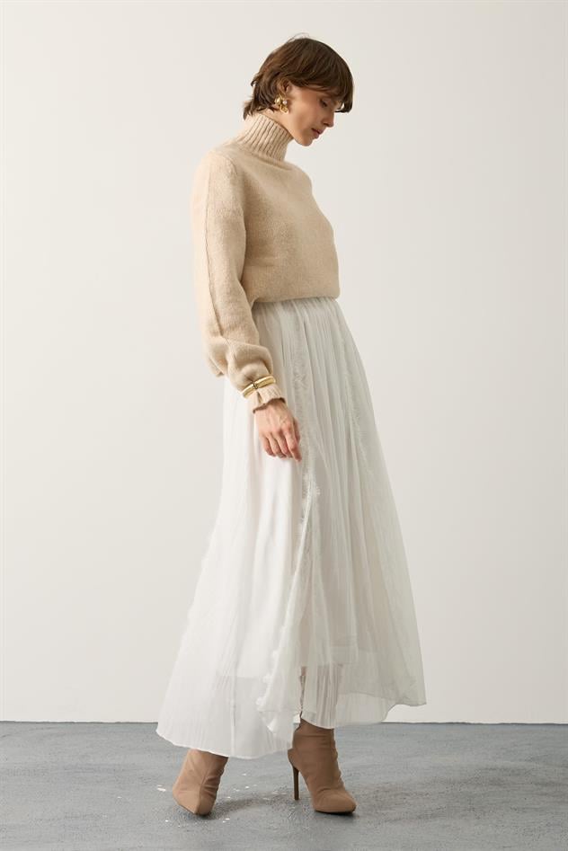 DANTELLİ ŞİFON ETEK - Ekru