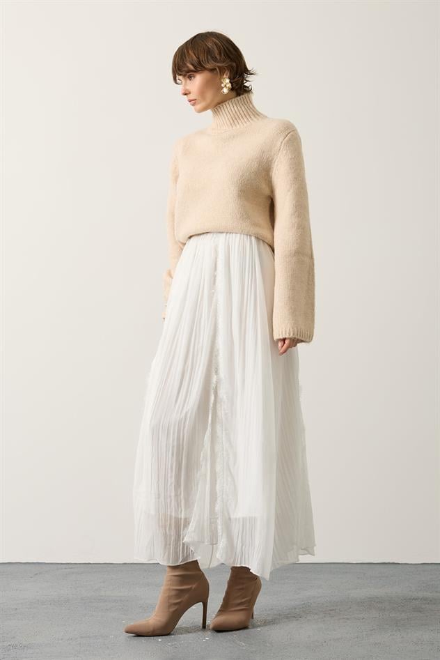 DANTELLİ ŞİFON ETEK - Ekru