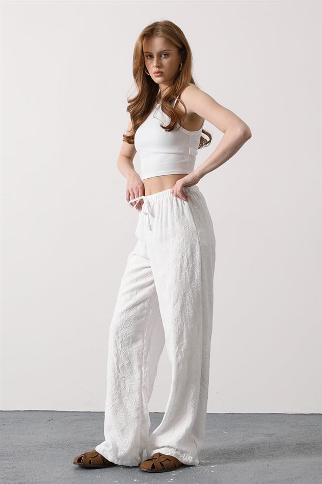 DESENLİ PALAZZO PANTOLON - Beyaz
