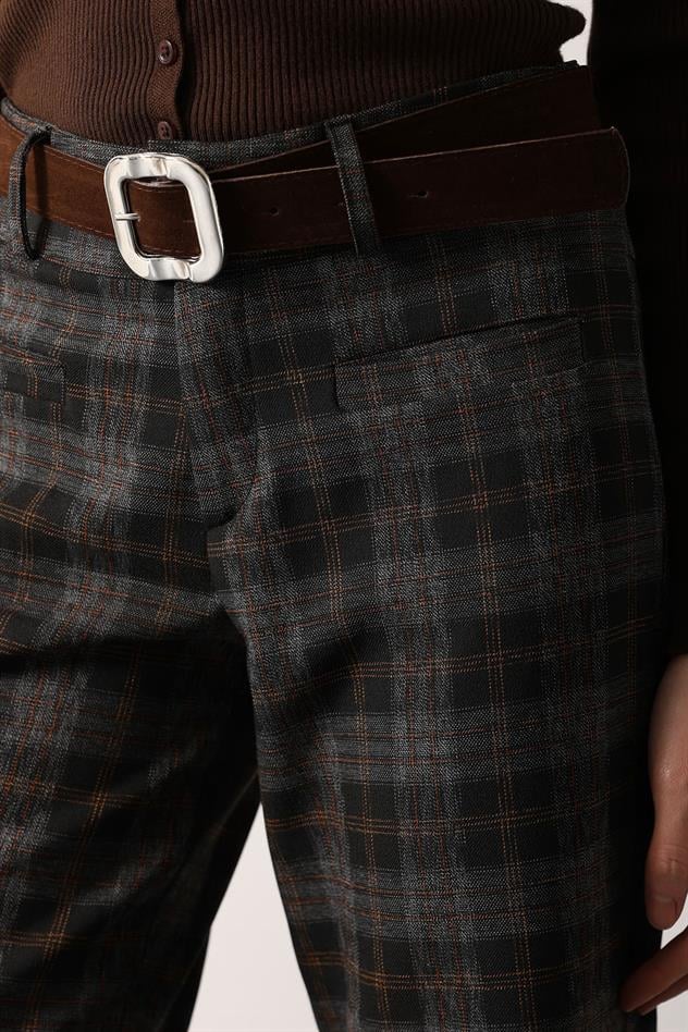 EKOSE DESEN KEMERLİ PANTOLON - Siyah