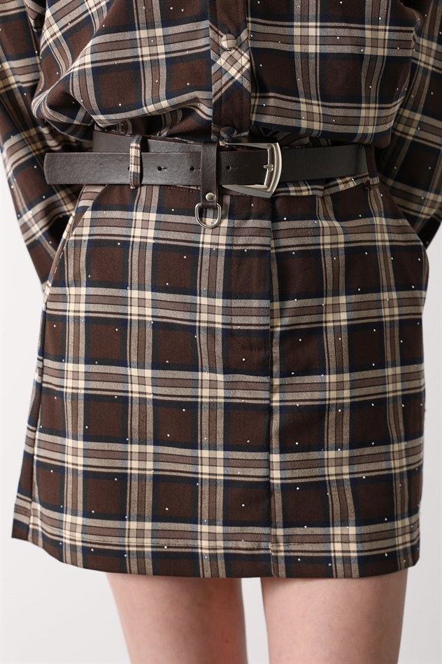 EKOSELİ KEMER DETAYLI ETEK - KAHVE - MAVİ