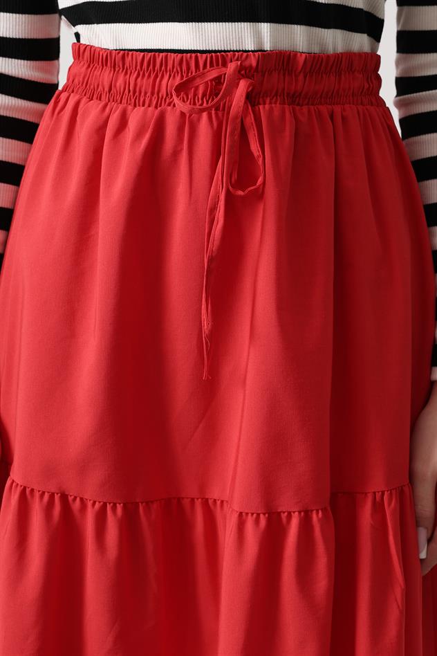 Pamuklu Beli Lastikli Etek - Kırmızı