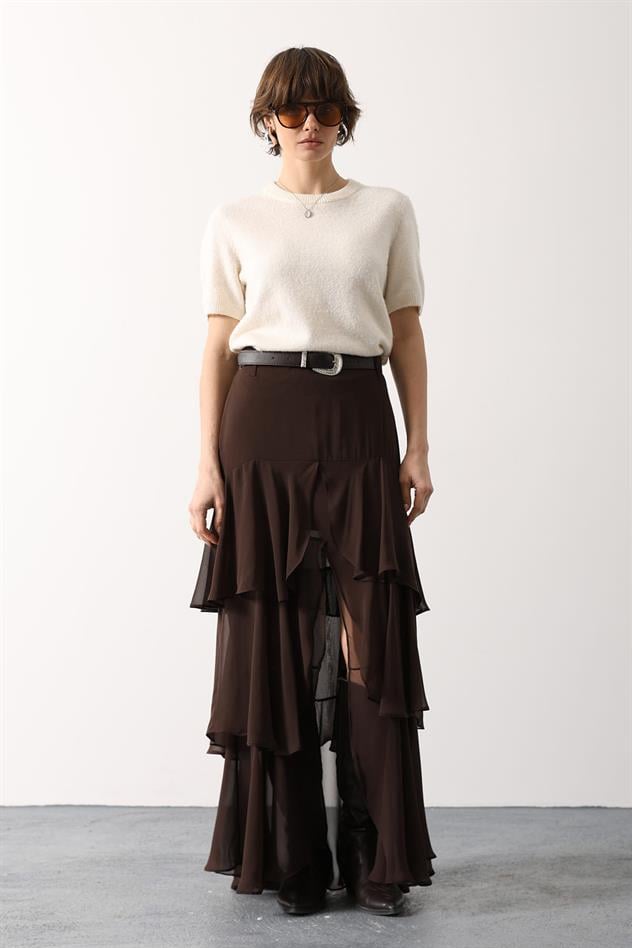 FIRFIR ŞİFON ETEK - Kahve