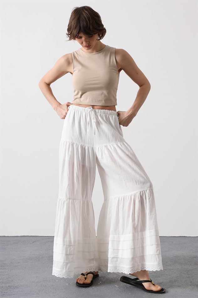 FLAM ETEK GÖRÜNÜMLÜ PANTOLON - Beyaz