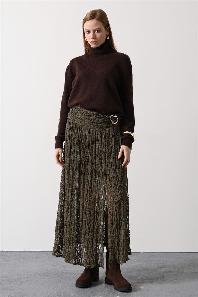 GOLD DETAYLI DANTELLİ ETEK - Haki