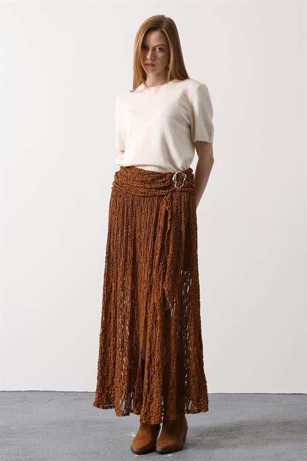 GOLD DETAYLI DANTELLİ ETEK - Hardal