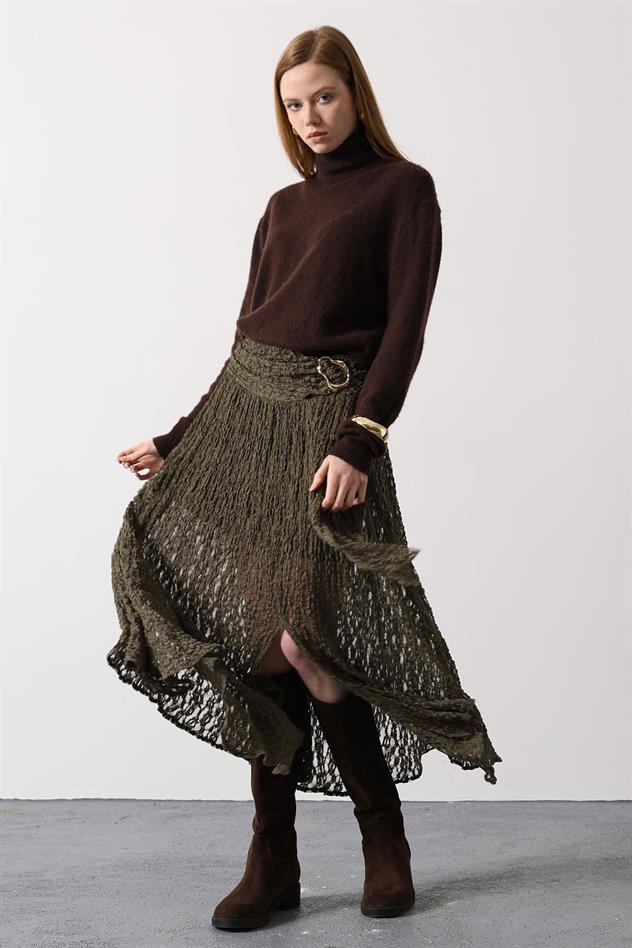 GOLD DETAYLI DANTELLİ ETEK - Haki