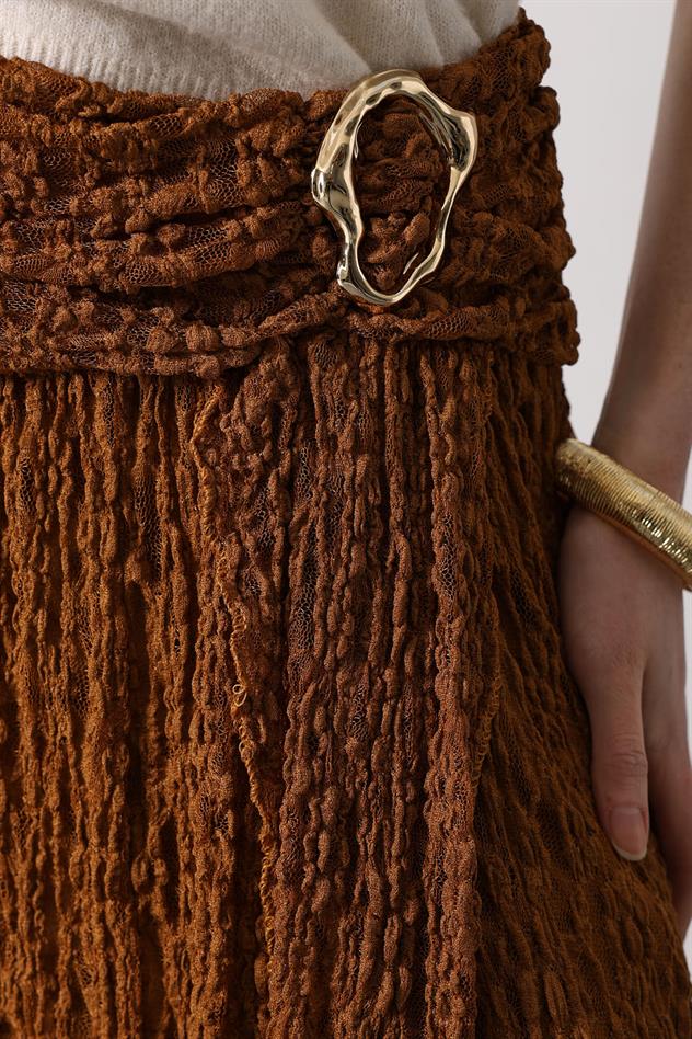 GOLD DETAYLI DANTELLİ ETEK - Hardal