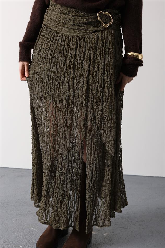 GOLD DETAYLI DANTELLİ ETEK - Haki