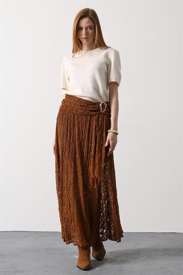 GOLD DETAYLI DANTELLİ ETEK - Hardal