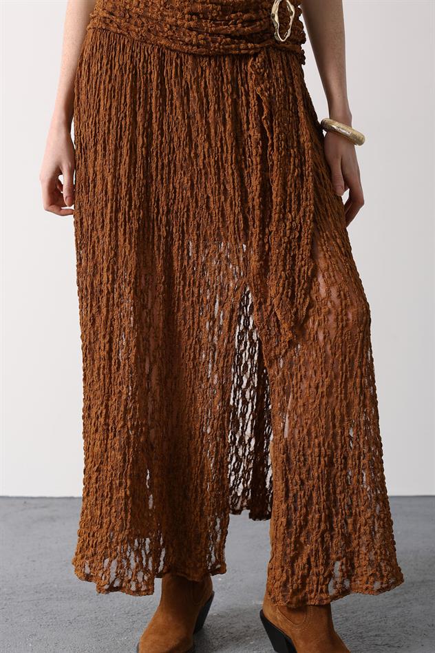 GOLD DETAYLI DANTELLİ ETEK - Hardal