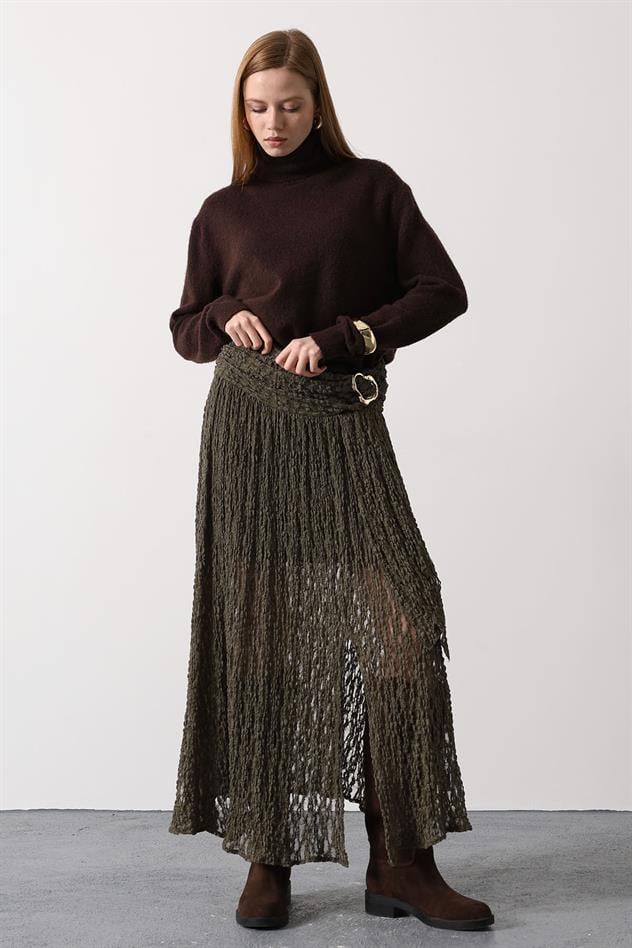 GOLD DETAYLI DANTELLİ ETEK - Haki