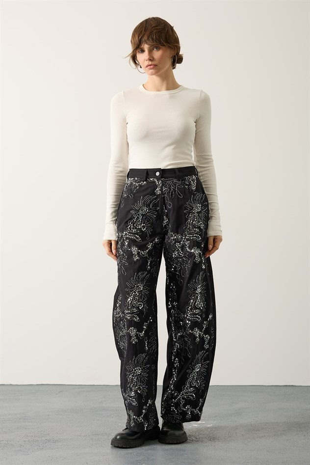 İŞLEMELİ BALON PANTOLON - Siyah