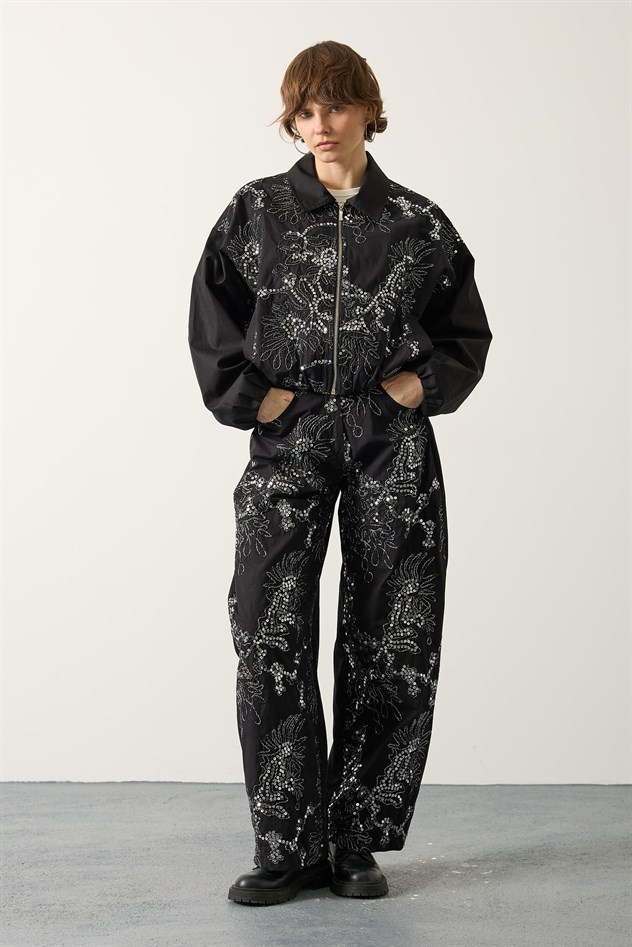 İŞLEMELİ BALON PANTOLON - Siyah