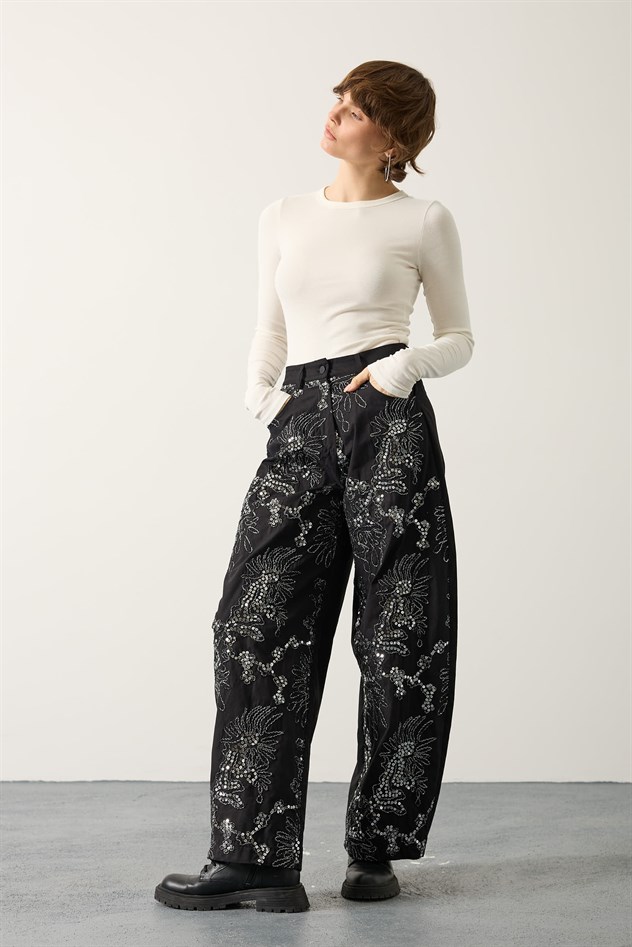 İŞLEMELİ BALON PANTOLON - Siyah