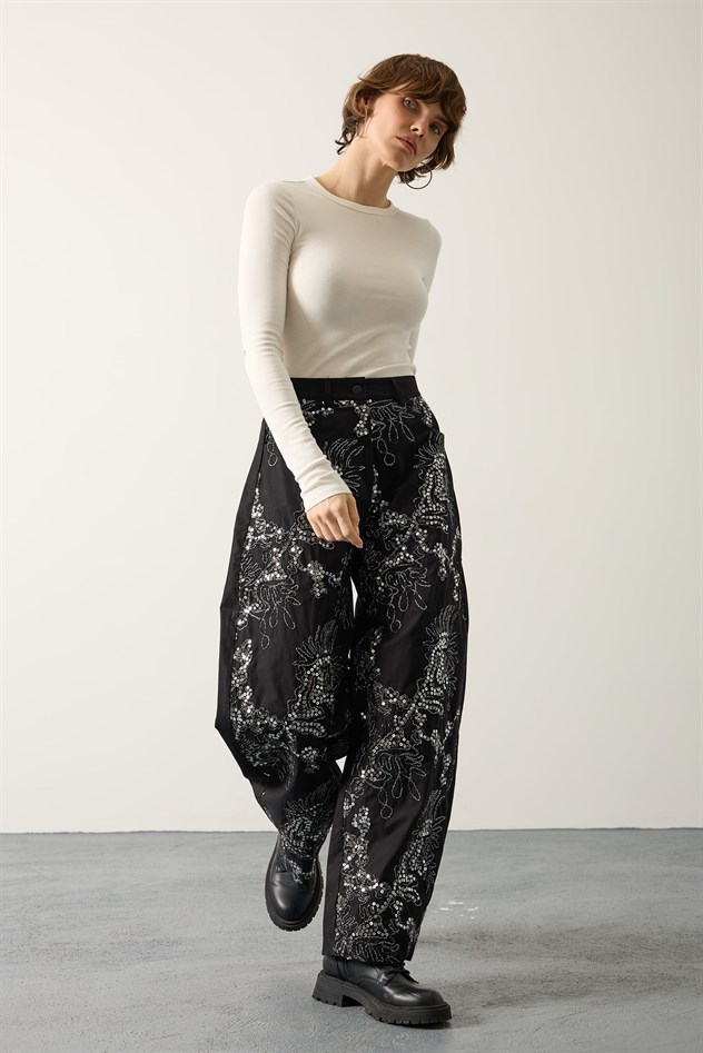 İŞLEMELİ BALON PANTOLON - Siyah