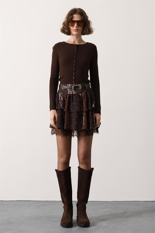 KEMERLİ MİNİ ETEK - Kahve